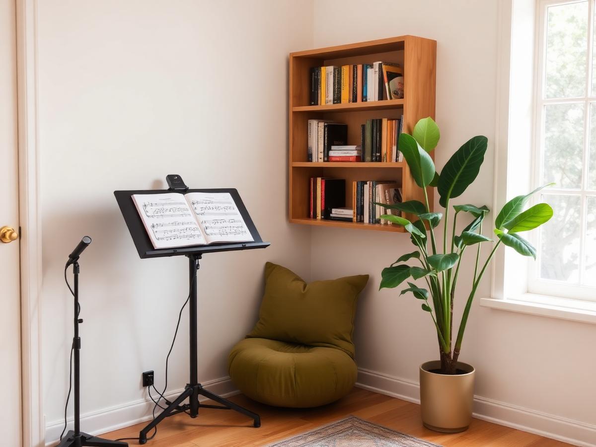 Canto do estúdio com estante de madeira, partituras e plantas