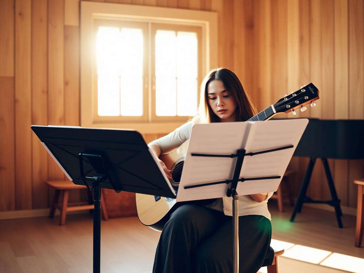 Aluna estudando violão em ambiente iluminado naturalmente