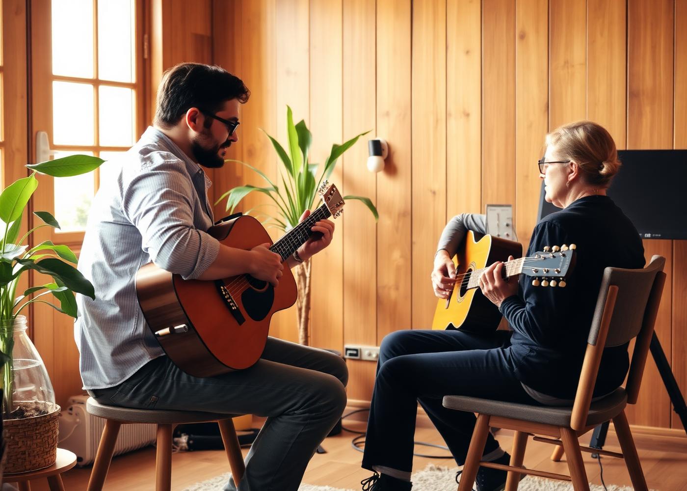Professor ensinando violão individualmente em estúdio acolhedor